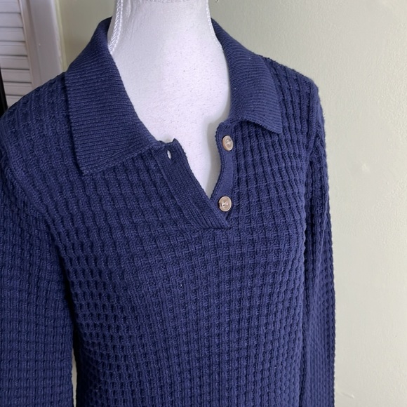 Onia chunky knit navy blue heavy Waffle Knit Shirt Polo Collar Sweater Comfy - Picture 17 of 17